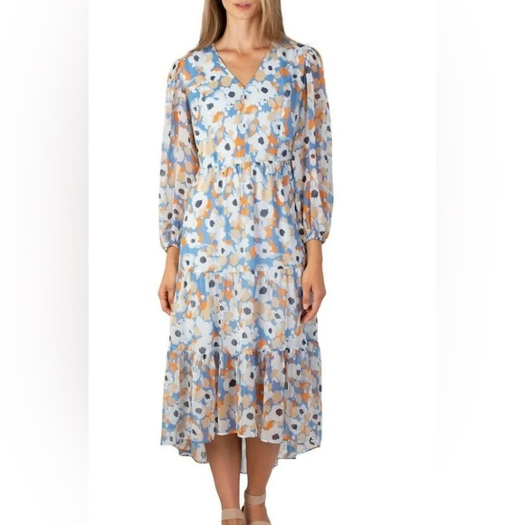 JOIE Womens XL Dress Midi Floral Fields Tiered Prairie Boho V Neck Sheer Sleeves - Picture 1 of 9